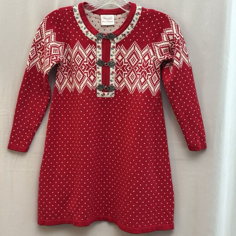 Hanna Andersson Girls 6-7 Fair Isle Sweater Dress Red White 100% Cotton Nordic